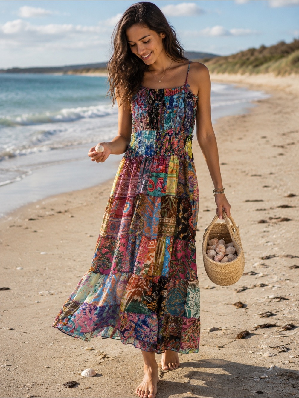 H087 NWT OS ptp10-22 Boho Patchwork Maxi Dress - Multicolor - Picture 1 of 8